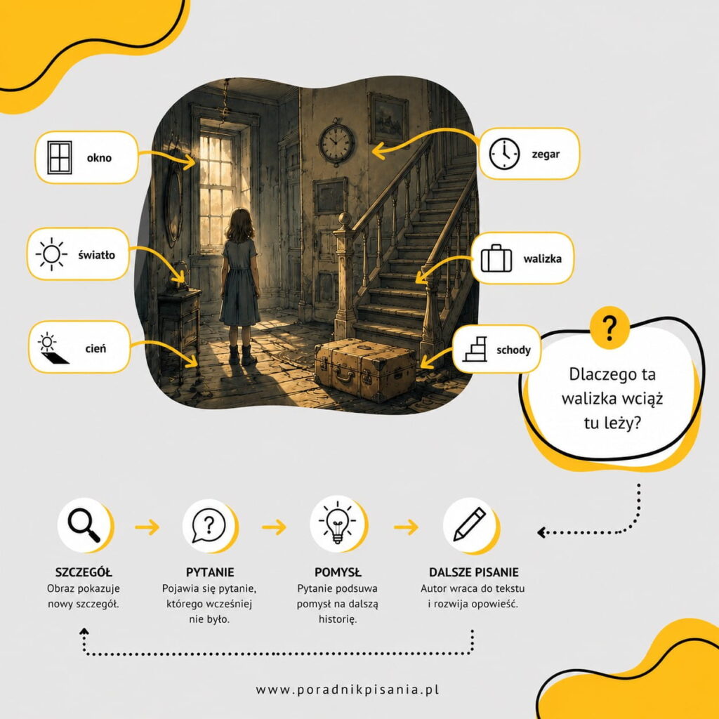 Infografika przedstawiająca dziewczynkę w pokoju i starą walizkę. Infografika wyjaśnia, jak wykorzystać wizualizację AI do rozwoju opowieści